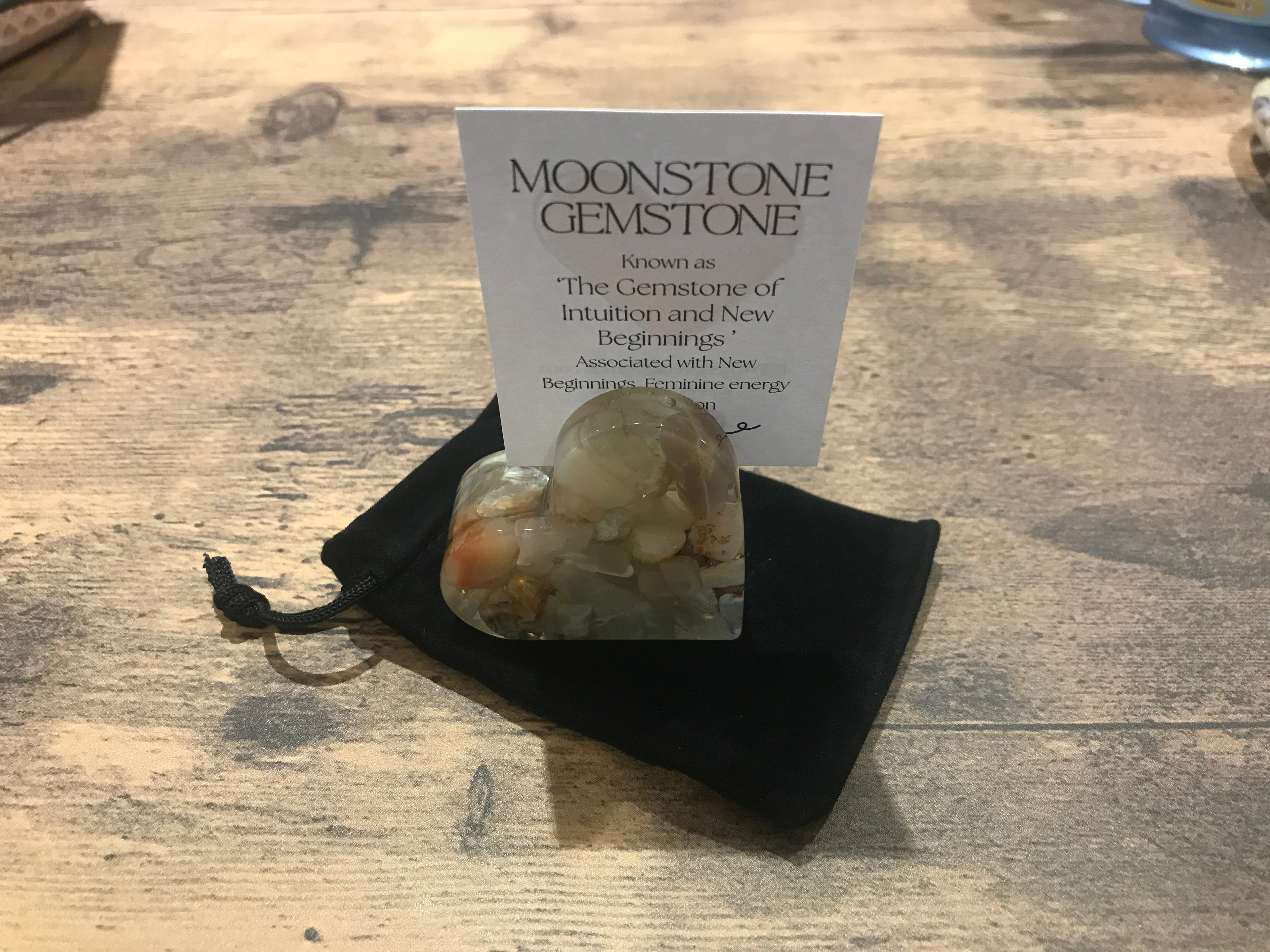Love heart, crystal photo stand, Moonstone.